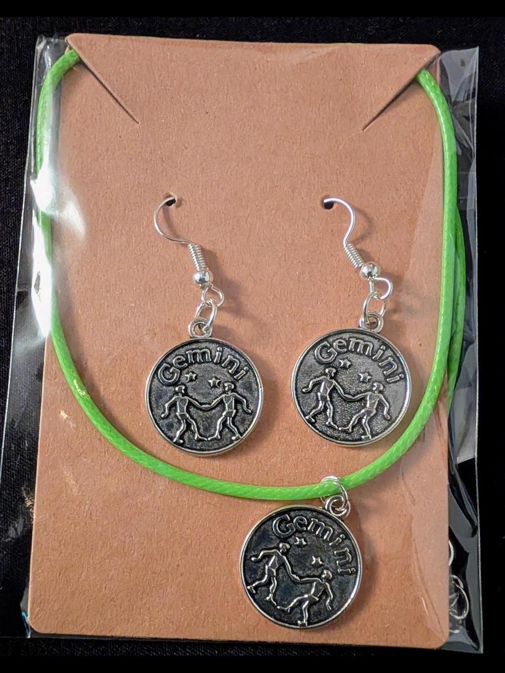 Gemini Silver Coin Pendant Necklace & Earring Set — Lime Green Cord